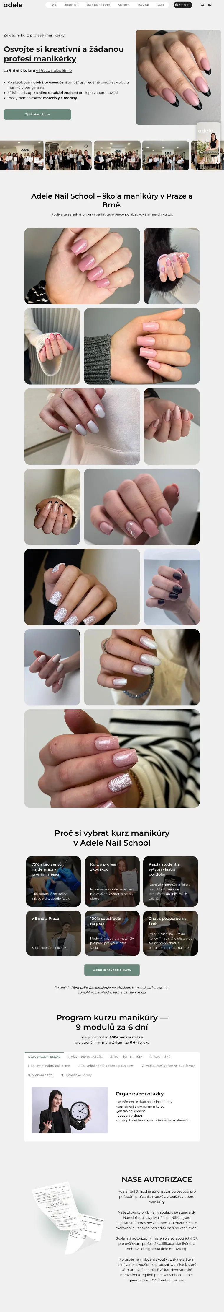 Landing page školy manikúry Adele Nail School